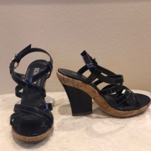 Schutz Navy Patent Heel Sandals